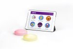 A tablet screen with menu options including color on screen, logical reasoning, improvisation, counting, cosmo hero, showdown.