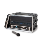 An encased black rectangular device with a digital display and various menu options, including volume level and acoustic control. 
