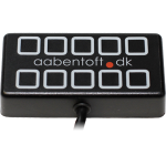 A black rectangular device with 10 buttons outlined in white and a cord at the bottom.