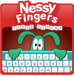 Large red square image with a colorful drawing of a creature peering over the edge of a keyboard.
