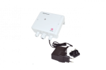A white rectangular device with 3 outputs and mounted power supply attached.
