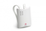 A white rectangular device menu options on the front, an antenna on the top, and hook on the back.