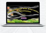 Laptop computer with a display showing the program's main screen, which features its name against a black, night sky, treetops along the bottom, and balloons in the shape of hearts.