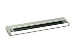 A flat, white rectangular device with a USB port and power switch on the left hand end. The center is made up of black braille cells. There are six function keys: three left and three to the right of the braille display.
