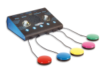 A rectangular black electronic device with two control knobs on the front face with a speaker in between them. In front of the knobs are five buttons. On the front edge of the device are ports connected to five colorful round switches.