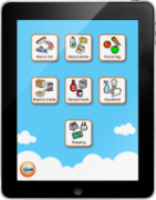 Vertical image of an iPad screen with a cartoon sky background and two rows of three squares image containing words and pictures and a third row of one square image.