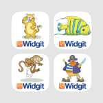 Square image with two rows of two rounded white squares, each with a colorful drawing of a symbol and the word Widgit underneath it.