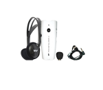 Picture of headphones leaning against a small, white oblong device with an earbud coiled next to it.