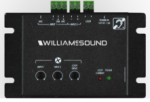 Black rectangular electronic device with three control knobs on the lower left, indicator lights across the top, and two cutouts at the ends of each side for mounting screws.