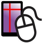 Drawing of a white computer mouse superimposed over a drawing of a smartphone with a grid pattern on it.