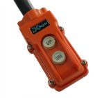 An orange rectangular device with 2 buttons labeled up and down.