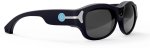 Aira Horizon glasses are shown with a heavy black plastic frame, darkened glass and a nose bridge only (no pads). The arms have a light blue circle with a  silver band that extends to the outer corner of the eyeglass.