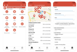 Lazarillo app screens shown on 3 different phones. The first shows icons of nearby services, like a bus, drinks, fork and knife, shopping, etc. The second phone shows a map with locations pinpointed, below which is a listing of names and addresses of the corresponding establishments. The third phone shows the audio menu with slide bars to adjust volume, speech speed, and pitch. Also is a drop-down selection for language and a particular speaker.