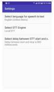 A screenshot of the Settings menu written in a royal blue header. Select languages for speech to text is the first selection; select STT Engine is the second, and Select delay between STT start and stop is the third.