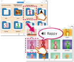 Voice4u pictogram word selection menu shows file folders with icons labeling them, A red thick arrow points to another menu that expands one of the file folders which was chosen, shown by a finger pointing to it and a dashed red square around it. The icons from the file folder are shown in a grid of 3 rows of 4 pics. One is chosen, shown by the finger and red square, and has a speech bubble with the word "happy" and a sound symbol.