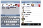 Text input box with a keyboard below and icons of stick figures above and a screenshot of a vocabulary list with corresponding icons next to the words.
