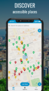 A smartphone with a street map on the screen, showing several pins in colors of green, yellow, and red. Above this pic is the tag line: Discover accessible places.