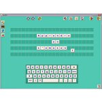 A green background on a computer screen along with a keyboard in the bottom center and a 22x5 grid of darkened spaces above that for the placement of letter tiles. There are chosen tiles placed on the grid with one not yet in position. On the top and upper left are menu bars.
