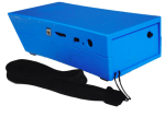 The back and left flank of a bright blue rectangular device. There are controls on the side: a switch, volume control dial, a recording button, headphone jack and the connector for the charging cable. There is also a carrying loop strap attached.