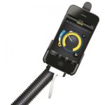 An iPhone in a holding cradle that is attached to a bendable arm. On the screen is displayed a yellow arc with a needle arrow pointing to a segment as a measurement.