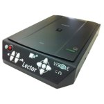 A device that resembles a standard flatbed scanner with large, touch button controls on the inclined, front side.