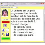 A large text box with menu buttons on the first left column under a drawn female's head. There are buttons labeled "read a text" and "Stop speaking", an eraser button, A large font next to a small font, a camera button, a save to disk, and a green copy speak button.