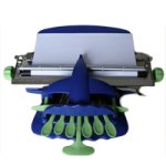 An adapted Perkins typewriter that has a partial blue cover, embosser and paper rest with 6 green keys, space bar, and roller knobs. It has a sheet of paper inserted.