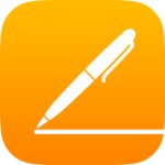 A yellow square with a detailed silhouette of a pen drawn at an angle while writing on a silhouette of a page illustrated as a straight line with some thickness.