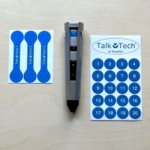 A pen-type recorder along with 2 different pages of blue labels: one shaped like a bone with circles on each end and the other as numbered circles.