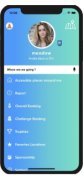 User profile page with menu options, including accessible places around me, report, overall ranking, challenge ranking, trophies, favorite locations, sponsorship, and settings. 