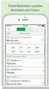 The timed reminder page on an iPhone. The topmost selection called Active is highlighted. This is followed by a task, Mow the Lawn with the alarm timer in red: day, date, hour. Also shown is the interval for the alarm: every 2 weeks on Saturday. There is a section for adjusting, editing, and note-making. Then there is another alarm and task, and so on.