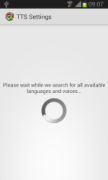 TTS Settings screen, with text that reads "Please wait while we search for all available languages and voices..."