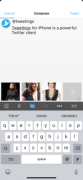 The "Compose" screen for Tweetings, which includes photos for selection with a keyboard below and the "Tweet" link at the top right.