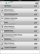 An iPad's screen with a listing of My Places: such as Shared places, Arts & Entertainment, College & University, Food, Great Outdoors, Nightlife Spot, Professional & Other Places, Residence, Shop & Service, and Travel & Transport. Each of these categories have an icon, a slide button that in this example reads "on", and a number for Places and People in each category. The topmost line is also "on" and it has the search icon, wrench, and settings icon.