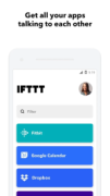 A mobile phone's screen featuring a filter search bar with Fitbit, Google Calendar, and Dropbox apps listed below, and the text "Get all your apps talking to each other" above.
