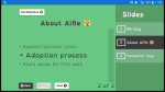 A computer's window divided into 2 columns each in a shade of green. Describing the larger left column:  the title is written in a larger, darker font along with the current selection of a rolling bullet. There is a white button in the top left corner labeled: End Slideshow. The column on the right has a header labeled: Slides, which is followed by 3 numbered and labeled titles. The second slide is highlighted in black.