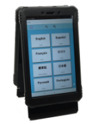 An encased tablet device with a screen featuring language options.