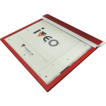 A large, flat, rectangular touchpad with a clasp the width of the device at top to secure loose sheets of paper. 