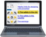 A DAISY book on a laptop with Microsoft Windows. Menu options are on the left side and chapter options for a text on the right, with one chapter highlighted.
