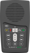 A gray rectangular device with a speaker at the top and menu options below, including radio, microphone, flashlight, playback speed control, and other options. 