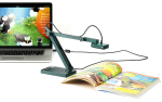 A Z-shaped blue document reader above a book, the page of which is projected onto a laptop.