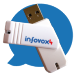 White USB drive and cover with Infovox 4 logo inside a blue conversation bubble.