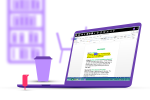 Purple laptop with display showing a text document. Purple cup of coffee is next to the laptop and in the background is a purple bookcase and chair. A tiny red figure is standing next to the keyboard. 