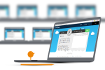 Laptop showing screenshot of program on display and little orange figure on keyboard staring at display.