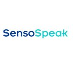 Large white square with SensoSpeak written across the middle, Senso in blue and Speak in teal.