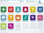 Cubigo interface screen with menu options such as a calendar, an alarm, and a thermometer with icons above.