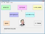 StaggeredSpeech keyboard broken up into 5 large pastel-colored buttons with alphabet letters written on them in black. Below these are 3 large buttons with "space", a man with "speak", and "delete" written. The bottom bar shows the text that is being written.