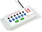 White colored rectangular device with two green switches and six blue switches with six input port on it
