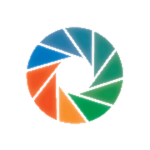 White with logo in the shape of circle broken up in colored geometric shapes.