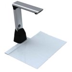 A free-standing pedestal scanner with a camera scanner reaching over a grey rectangle.